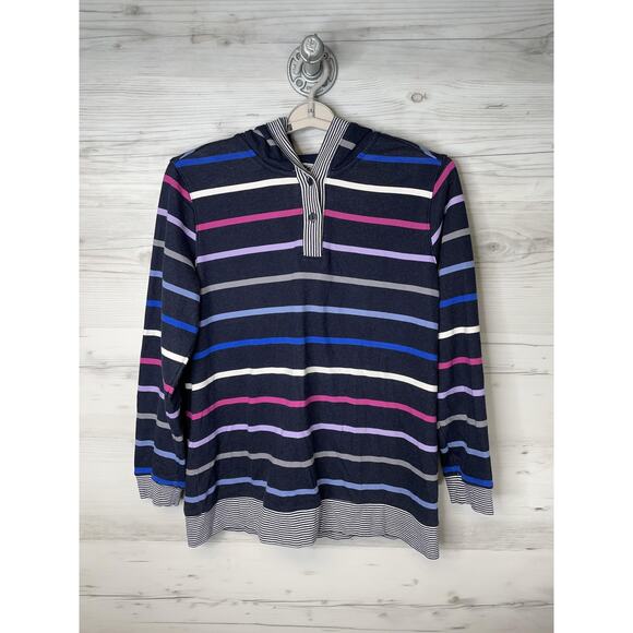 Lands' End Hoodie Womens Large Navy Blue Striped Serious Sweats Pullover Knit - Picture 1 of 10